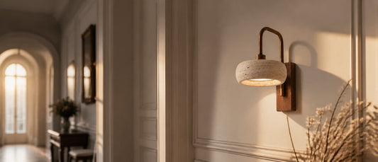 Warm hallway wall sconce layout showing spacing rhythm, doorway clearance, and soft evening guidance.