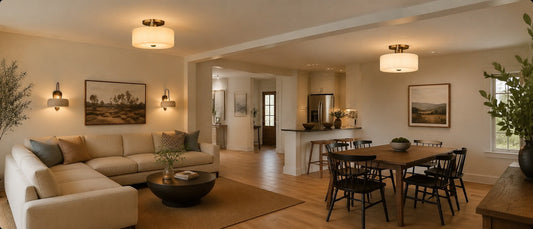 Open-concept living and dining room with coordinated ceiling lights, discreet wall sconces, and distinct warm-lit zones.