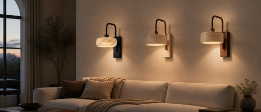 Three wall sconce placement scenarios showing hallway, bedside, and living room height planning.