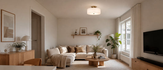 Minimalist modern drum glass ceiling fixture glowing warmly in a cozy layered living room.