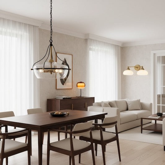 A luxurious modern home featuring a variety of glass pendant, table, and wall lights.