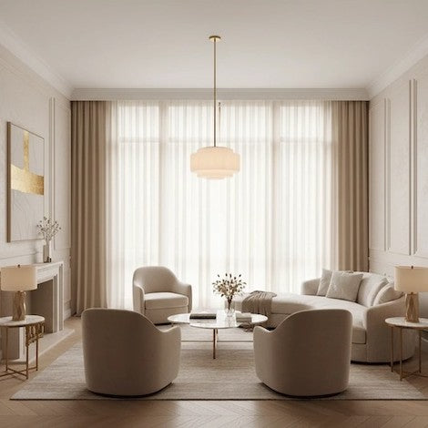 High-end light luxury living room with tiered opal glass and brass pendant.