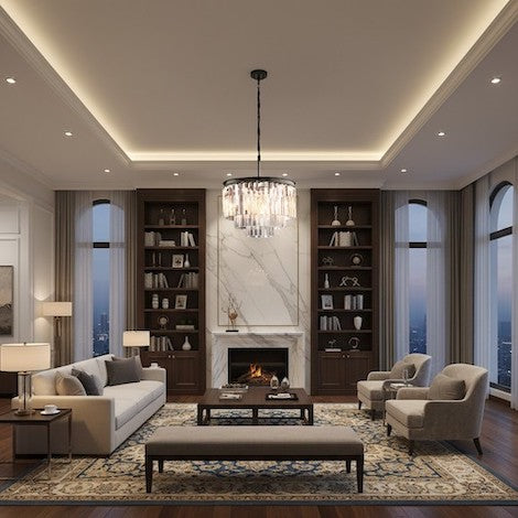A luxury living room featuring a crystal drum chandelier as a central visual anchor.