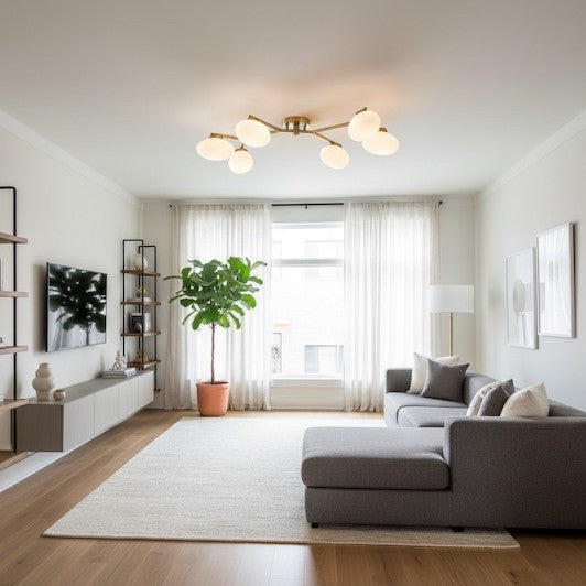 Modern living room featuring a branching frosted glass semi-flush mount ceiling light.
