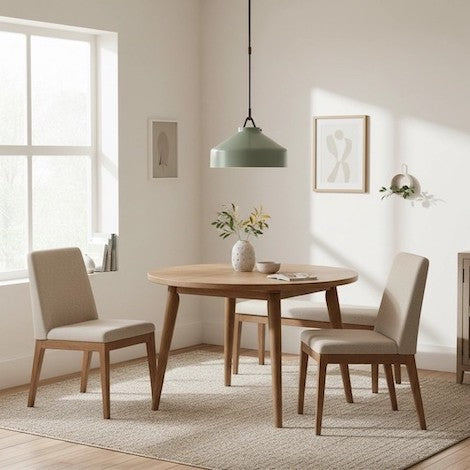 Comparison of flush mount lighting in a hallway versus pendant lighting in a dining area.