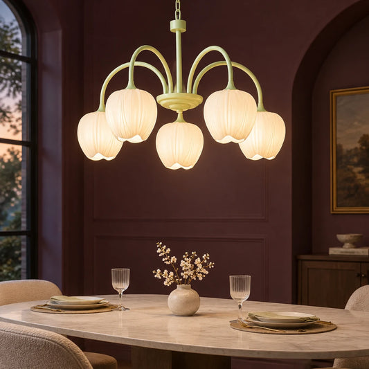 Tessara 5-light Matcha Green chandelier in a plum-toned evening room