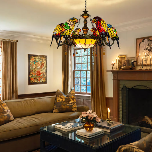 Tiffany Style Vintage Stained Glass 7-Light Parrot Chandelier