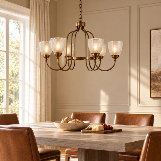 Ilaz Vintage Brass Textured Grid Glass Chandelier