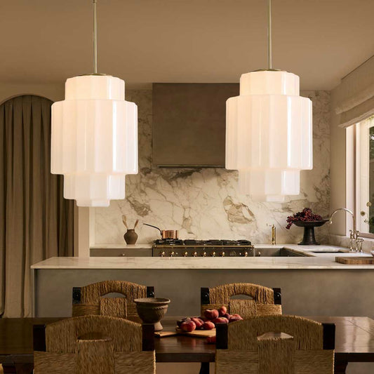 Antique Brass Tiered Opal White Glass Pendant Light