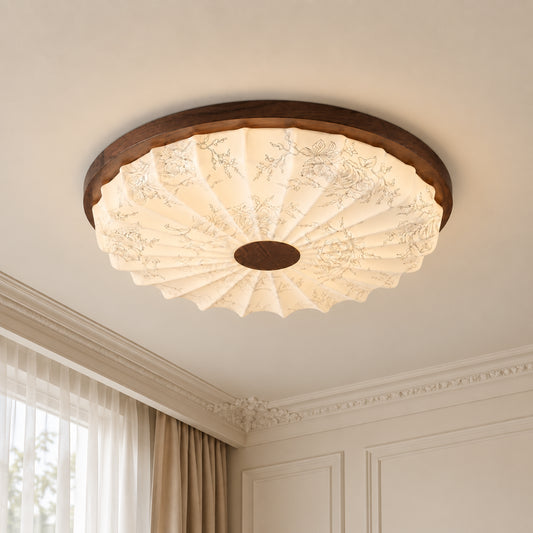 Eirwen Vintage Walnut Floral Pleated LED Ceiling Light
