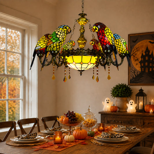 Vintage-Kronleuchter im Tiffany-Stil aus Buntglas mit 7 Leuchten und Papageienmotiv