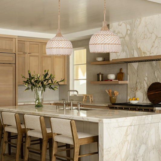 3 Light Rustic Rattan Two Tone Color Dome Pendant Light