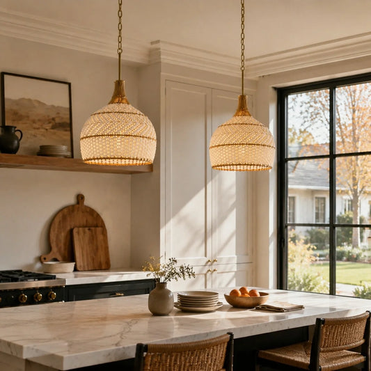 3 Light Rustic Rattan Two Tone Color Dome Pendant Light