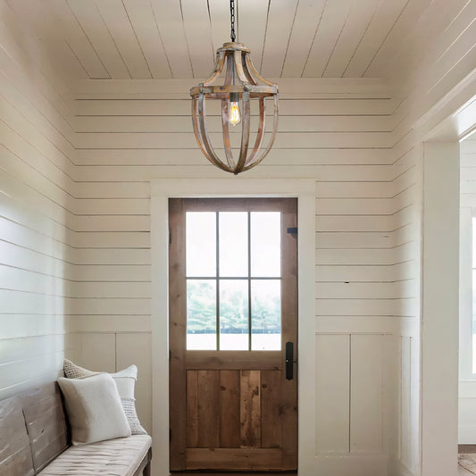 Farmhouse Rustic Wood Pendant with Open Cage Design
