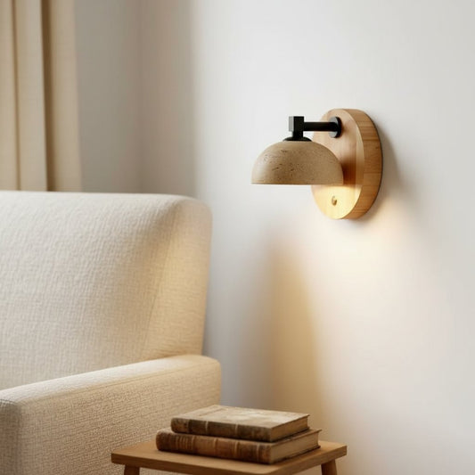 Riley Vintage Travertine Wood Round Wall Sconce