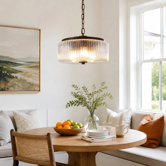 Maya Farmhouse Ribbed Glass Drum Pendant Light
