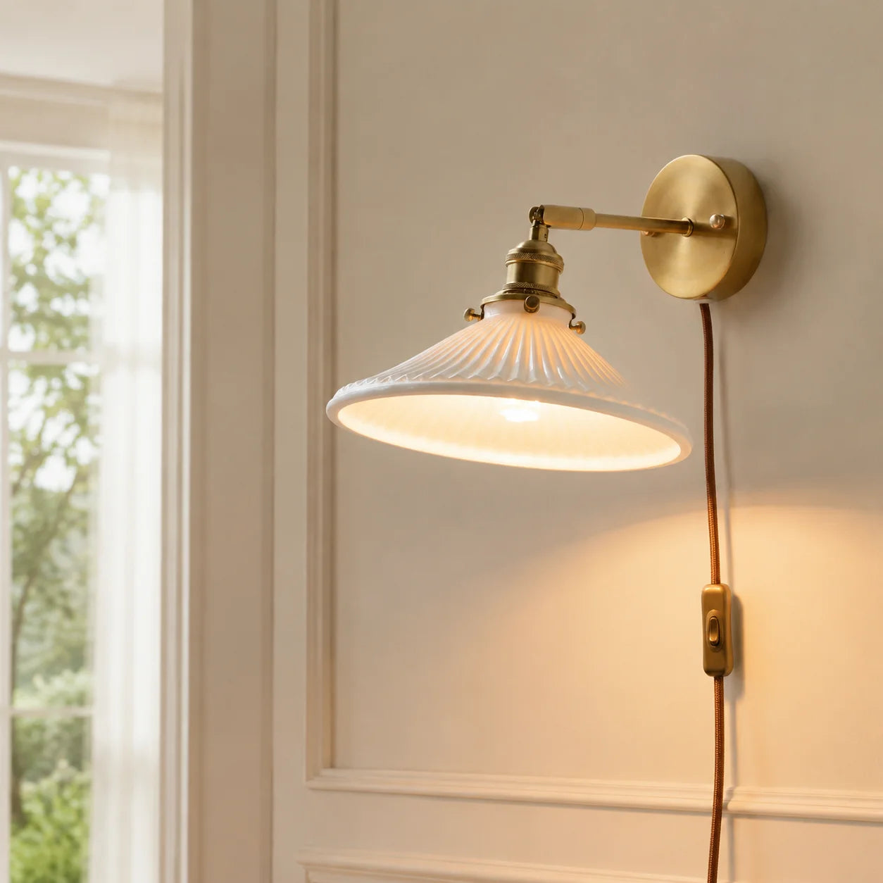 Alcott Vintage Adjustable Brass Ceramic Wall Light｜Lucia Living