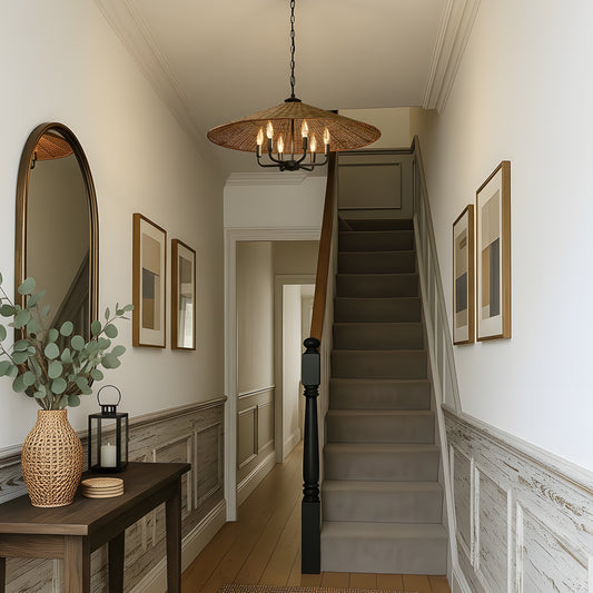 American Country Black 6 Light Rattan Cone Pendant Light