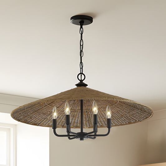 American Country Black 6 Light Rattan Cone Pendant Light
