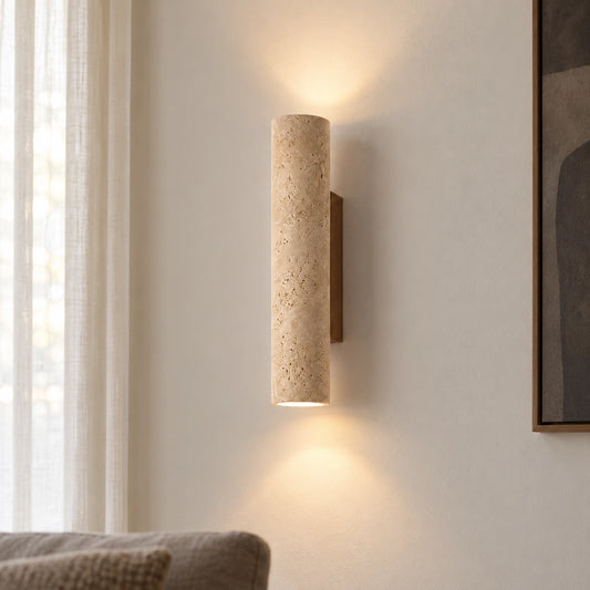 Amos Modern Vertical Tube Travertine Wall Sconce