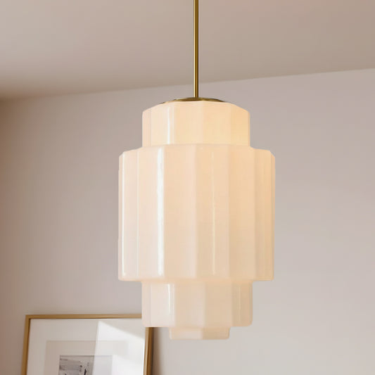 Antique Brass Tiered Opal White Glass Pendant Light