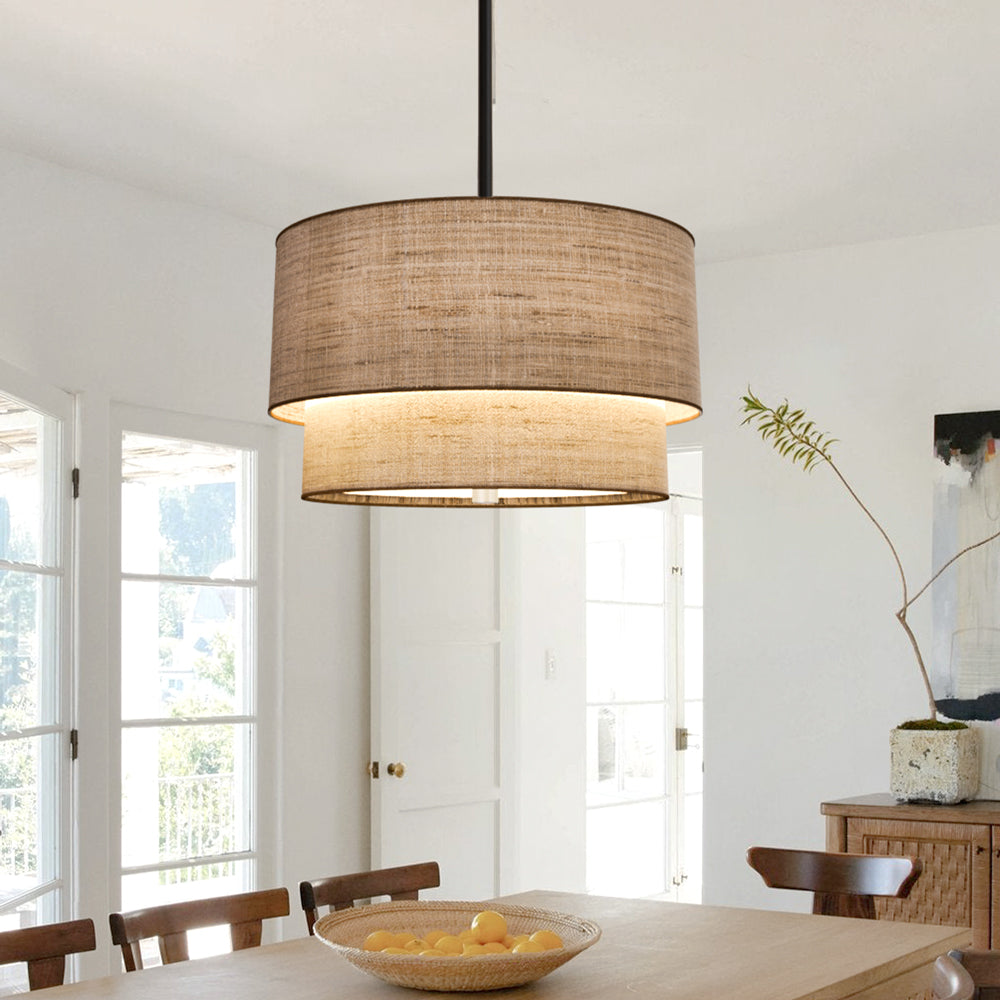Modern Fabric Natural Linen Double Drum Pendant Light | LuciaLiving ...