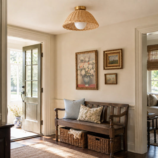 Briseis Farmhouse Rattan Disc Flush Mount Ceiling Light