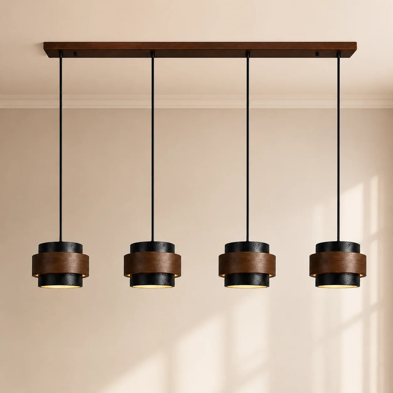Callan Wabi-Sabi Travertine Stone Walnut Wood Linear Pendant Light