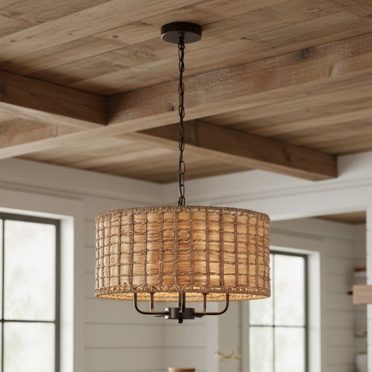 Chione Rustic Bohemian Rattan Drum Pendant Light