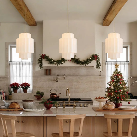 Antique Brass Tiered Opal White Glass Pendant Light