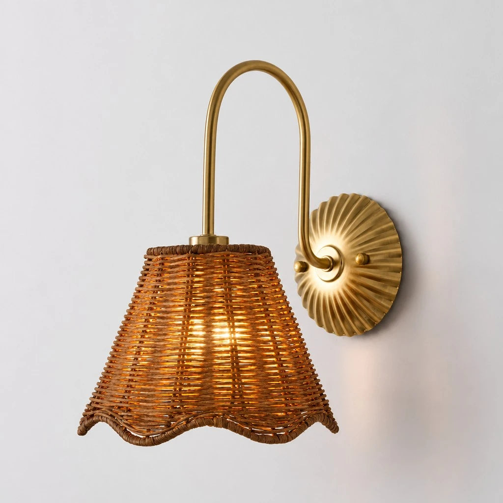 Daryn Vintage Scalloped Rattan Brass Wall Sconce | LuciaLiving