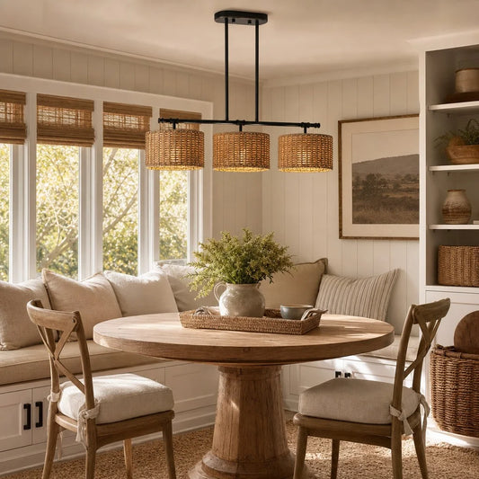 Ellen Farmhouse Rattan Dimmable Drum Chandelier