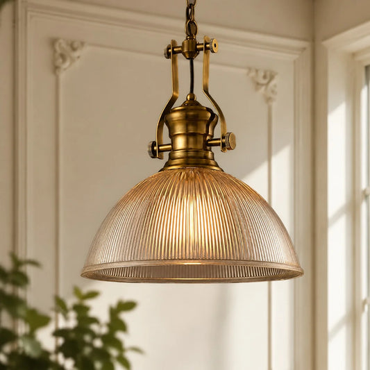Hugia Farmhouse Industrial Style Striped Glass Bowl-Shaped Pendant Light