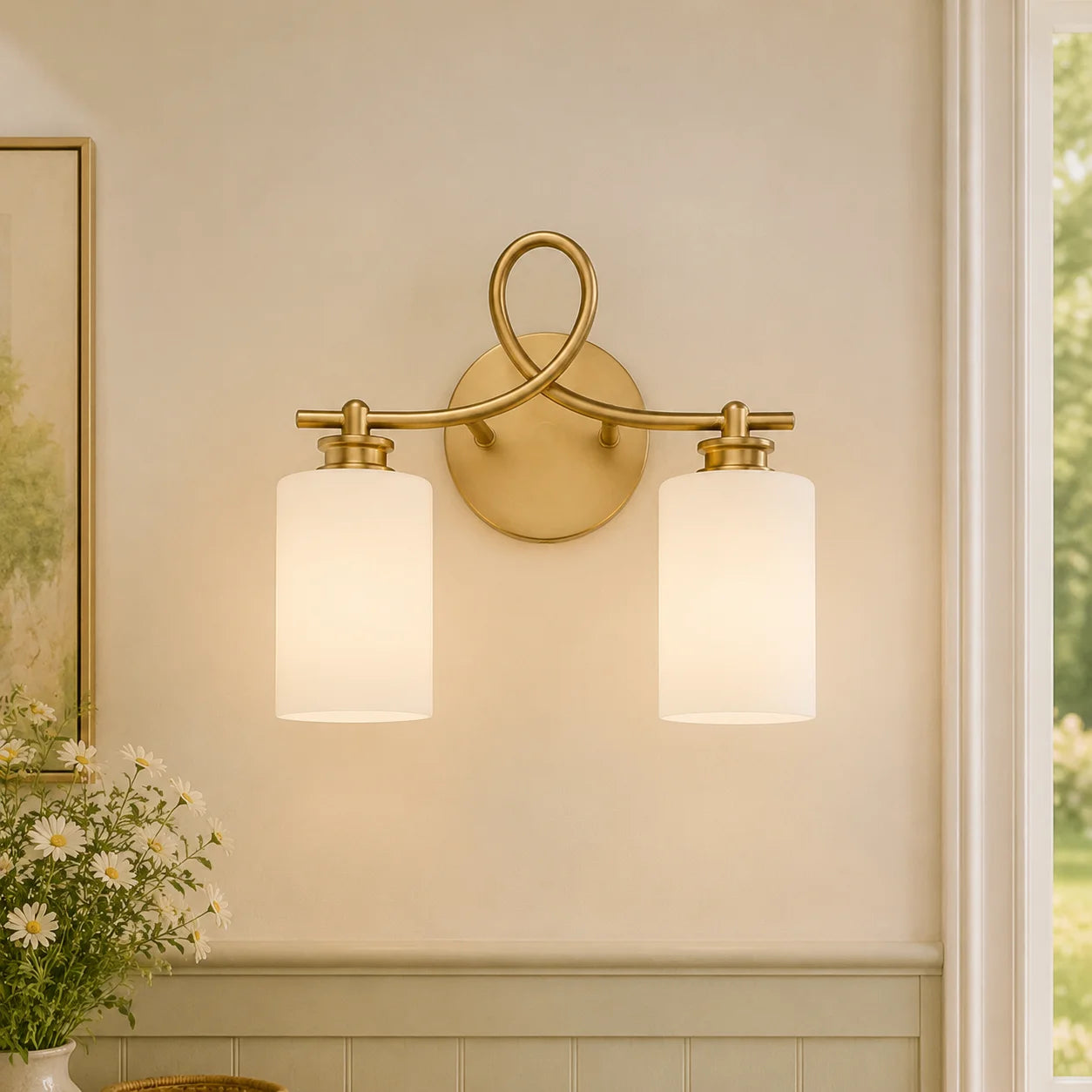 Litae Industrial Looped Arm Milk Glass Vanity Light | LuciaLiving
