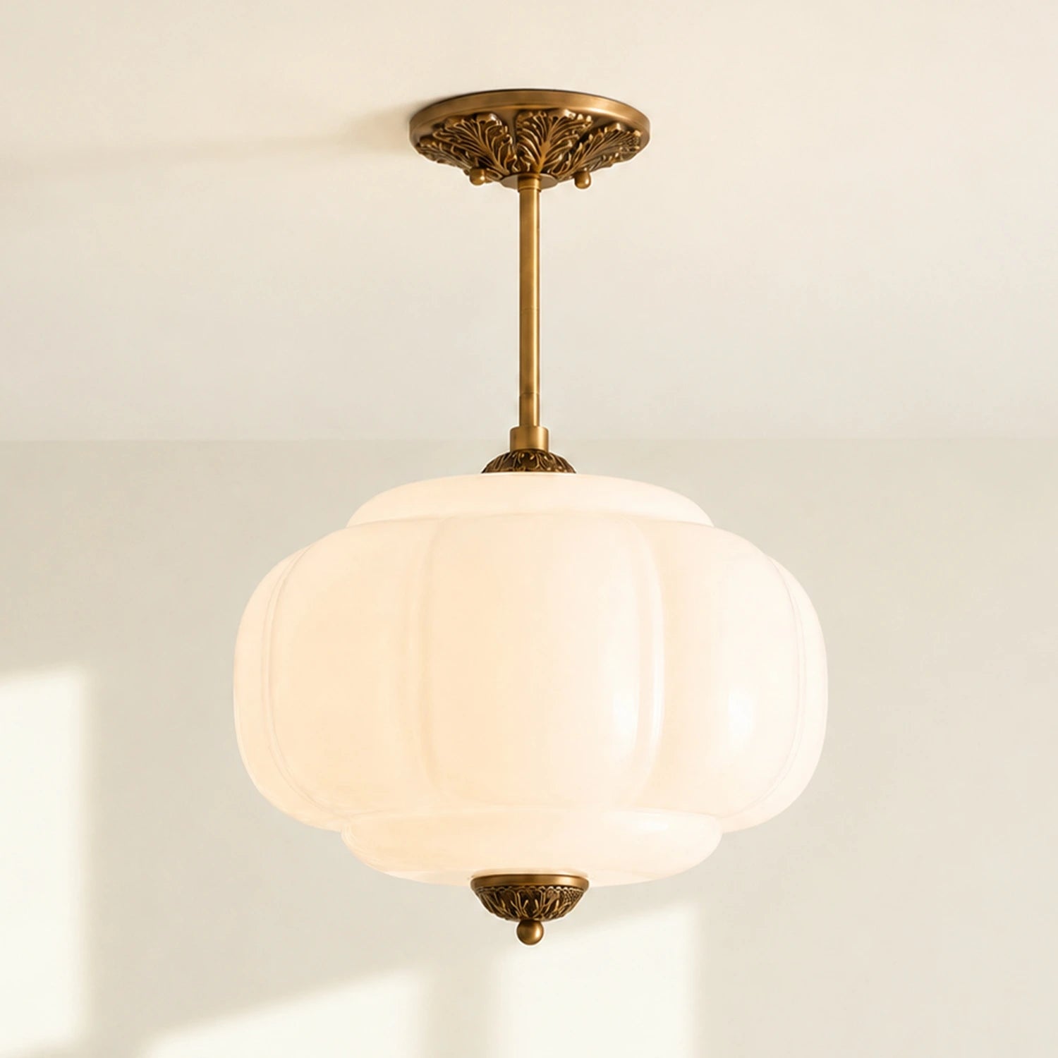 Antique Brass Green Glass Eloise Scallop Pumpkin Pendant Lamp
