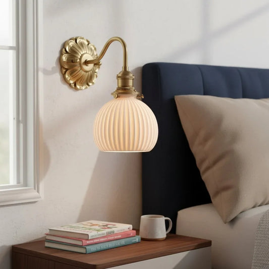 Sable Vintage Brass White Ceramic Wall Sconce