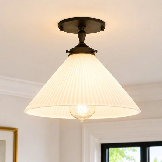 Myrtle Vintage Cone Ribbed Glass Semi-Flush Ceiling Light
