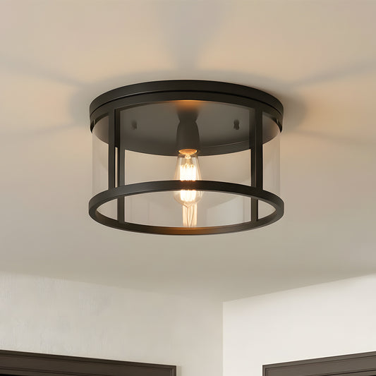 Nolan Industrial Round Clear Glass Flush Mount Ceiling Light