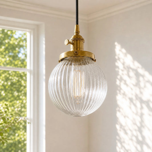 Orenz Vintage Ribbed Glass Globe Pendant Light