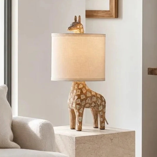 Reed Modern Carved Wood Giraffe Linen Shade Table Light