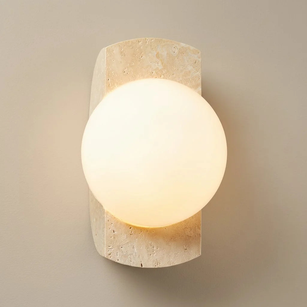 Curated visual reference: Fresh Look at Robin Minimalist Travertine Opaline Glass Globe Wall Sconce