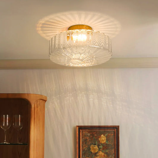 Rowena Modern Round Ribbed Glass Brass Ceiling Light