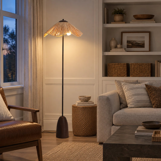 Rufus Conical Wood Raffia Floor Lamp