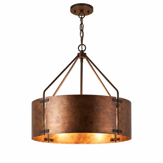 Suspension industrielle rustique en bronze avec abat-jour cylindrique