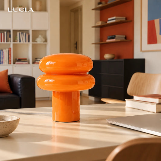 Lampe de table Rynvel Bauhaus en verre opale et motif champignon