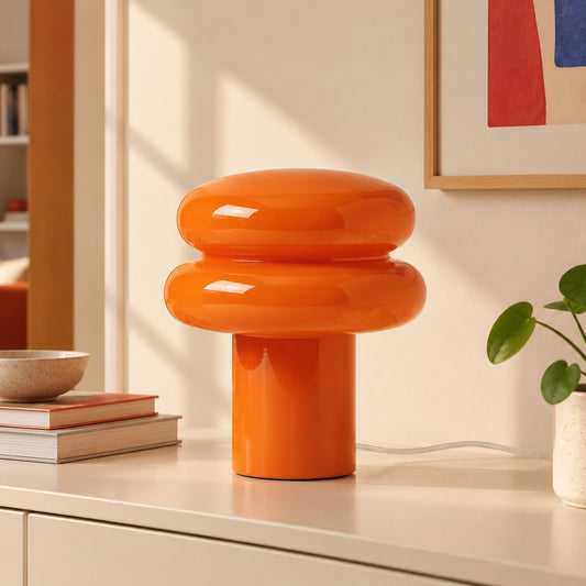 Lampe de table Rynvel Bauhaus en verre opale et motif champignon