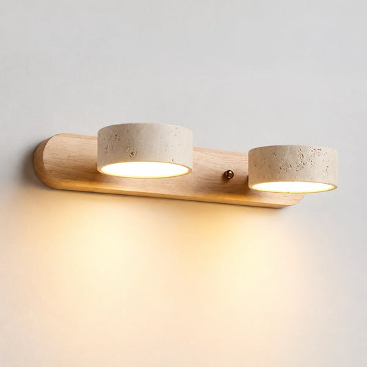 Elias travertine wall sconce, 2 heads, Natural Wood, lights on