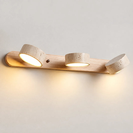 Elias travertine wall sconce, 3 heads, Natural Wood, lights on