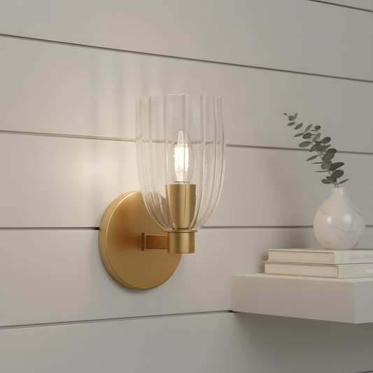 Calista Modern Ribbed Glass Brass Wall Sconce