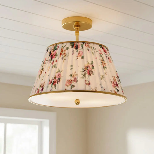Ursula Vintage Country Brass Printed Pleated Ceiling Lamp